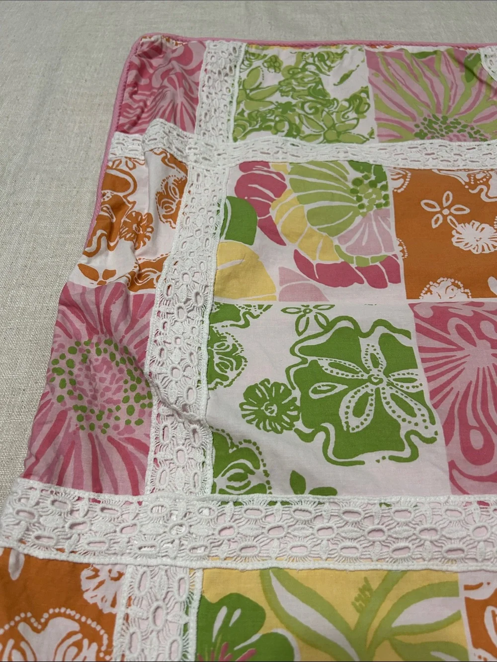 Lilly Pulitzer Patchwork Pillow Shams (2) Vibrant Pastel Floral With Lace Detail